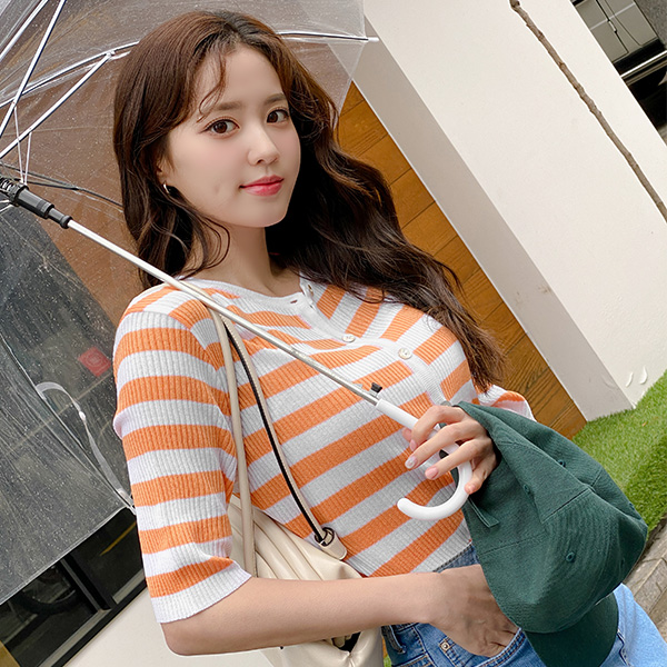 cd1859 센스있게 매치하기 좋은 썸머 단가라 반팔 가디건 cardigan