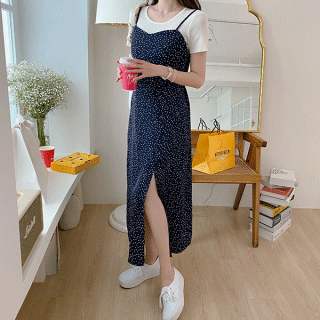 소녀스러운 무드의 도트패턴 뷔스티에 롱 원피스 dress