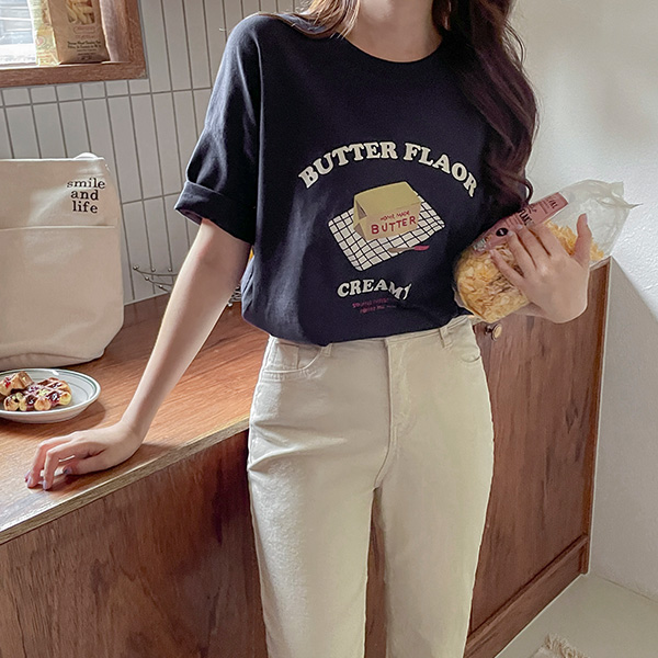 버터 일러스트 프린팅 루즈핏 반팔 티셔츠