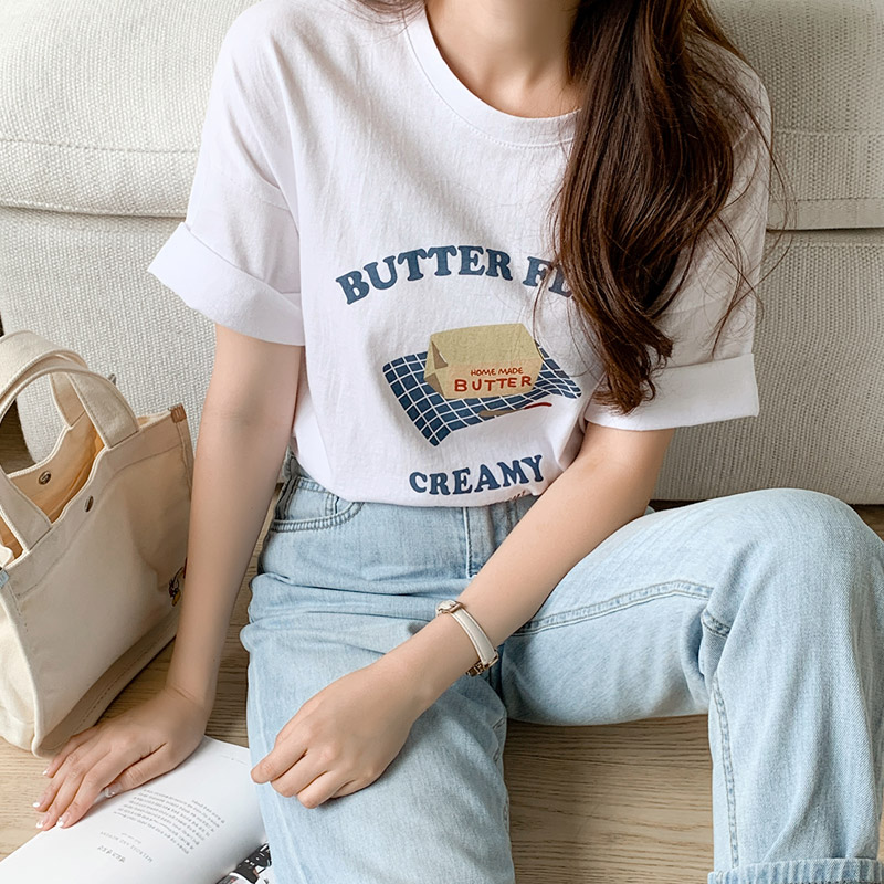 버터 일러스트 프린팅 루즈핏 반팔 티셔츠 티셔츠