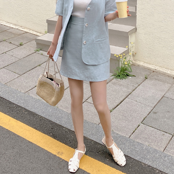 sk4849 산뜻한 린넨 패브릭으로 완성된 하이웨스트 뒷밴딩 세미 A라인 썸머 미니 스커트 skirt