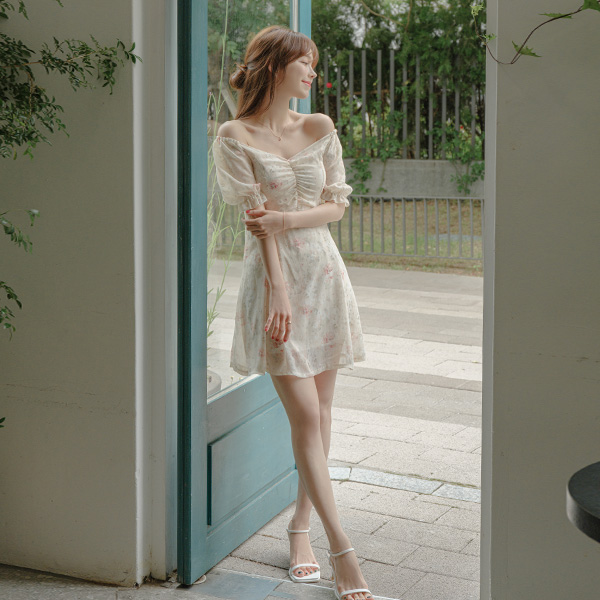 op11805 은은한 플라워 패턴의 2-WAY 가슴 셔링 A라인 미니 원피스 dress
