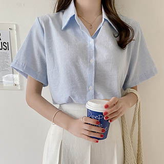bs6087 여름 데일리룩을 책임져줄 시원한 코튼 소재로 완성된 루즈핏 스트라이프 반팔 셔츠 blouse
