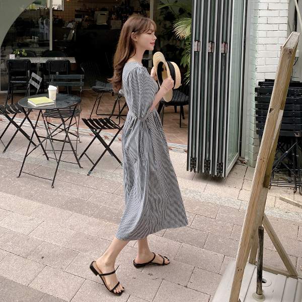 op11807 러블리한 무드의 사이드 리본 포인트 퍼프소매 스퀘어넥 A라인 체크 롱 원피스 dress