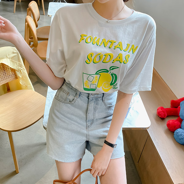 ts2577 과즙미 넘치는 일러스트 레터링 포인트의 루즈핏 코튼 반팔 티셔츠 tee