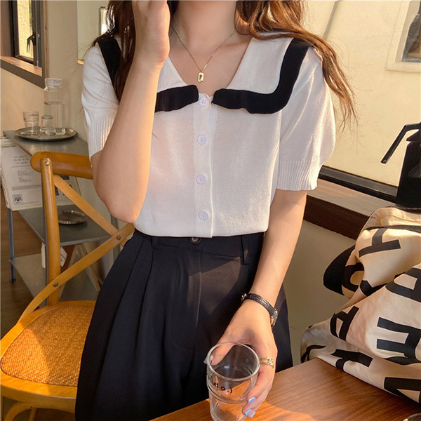 bs6106 배색라인 빅카라 버튼 니트 반팔블라우스