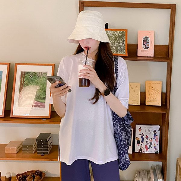 ts2589 여름철 데일리한 무드의 쿨링 라운드넥 트임 박스티 tee