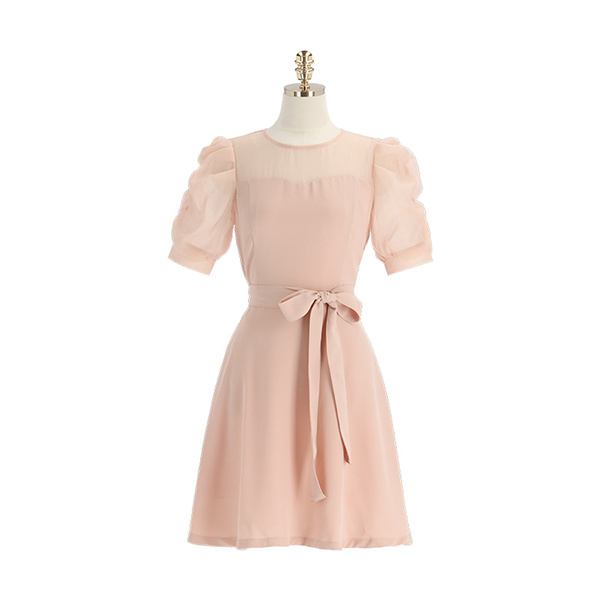 op11909 시스루 배색의 셔링 퍼프소매 플레어라인 하트넥 미디 원피스 dress