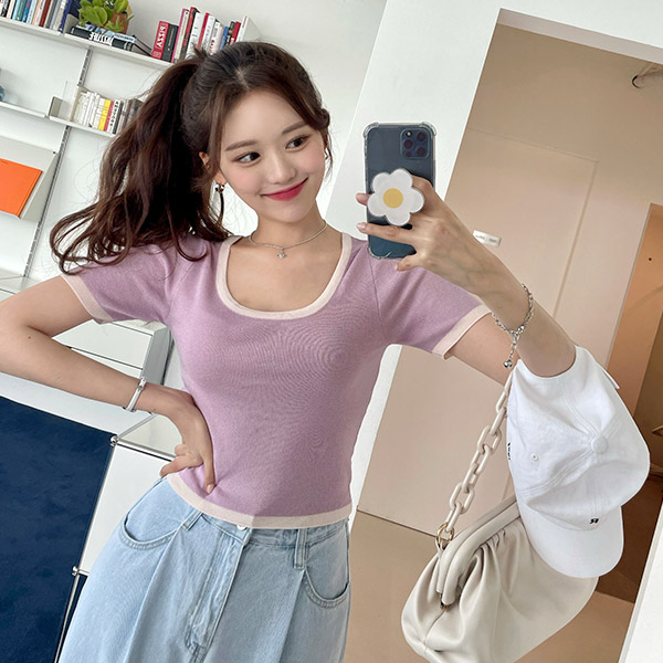 nt2788 달콤한 컬러배색 포인트의 크롭기장 썸머 U넥 반팔 니트 knit