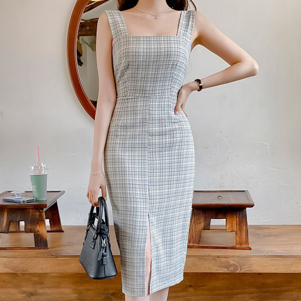 op11917 감각적인 글렌체크 패턴의 스퀘어넥 H라인 롱 레이어드 원피스 dress