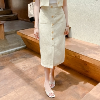 화사한 컬러 구성의 썸머 트위드 패브릭 금장버튼 뒷밴딩 H라인 롱 여름 스커트 skirt