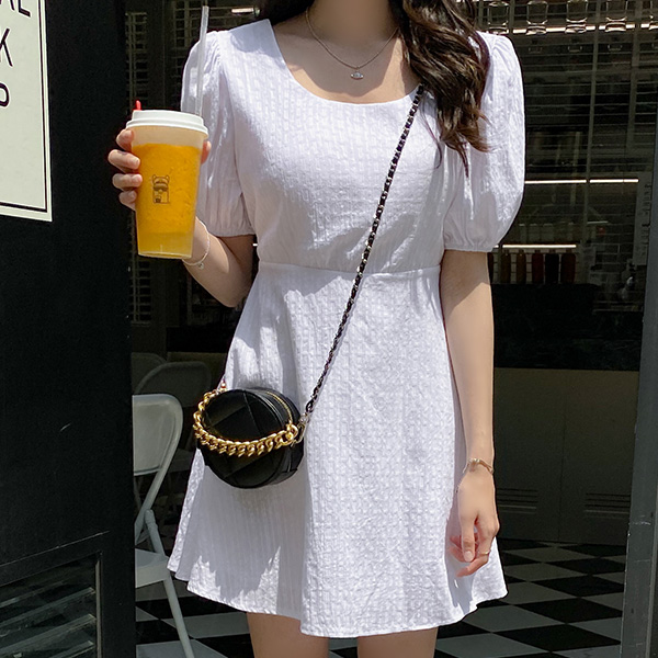 op11926 걸리시한 레이스 패브릭의 퍼프 반팔소매 U넥 미니 플레어 원피스 dress