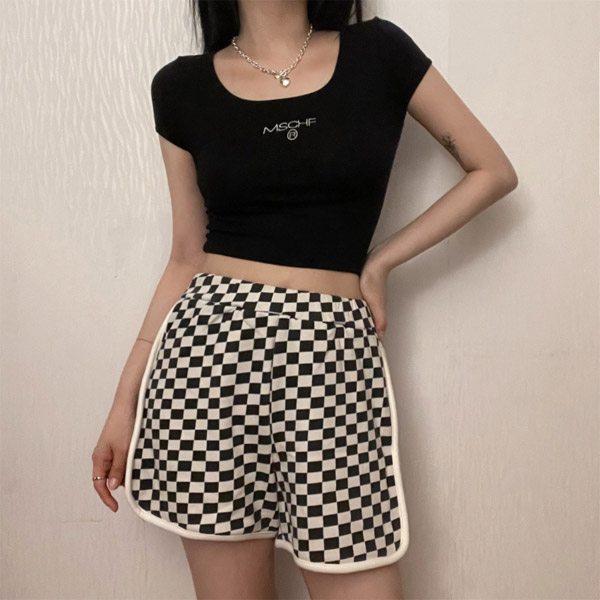 ps2942 배색 라이닝 장식의 풀밴딩 트레이닝 체크 숏 팬츠 pants