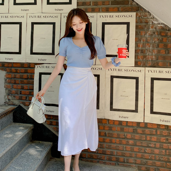 sk4881 하늘하늘 청순한 랩디자인의 린넨 뒷밴딩 A라인 롱 스커트 skirt