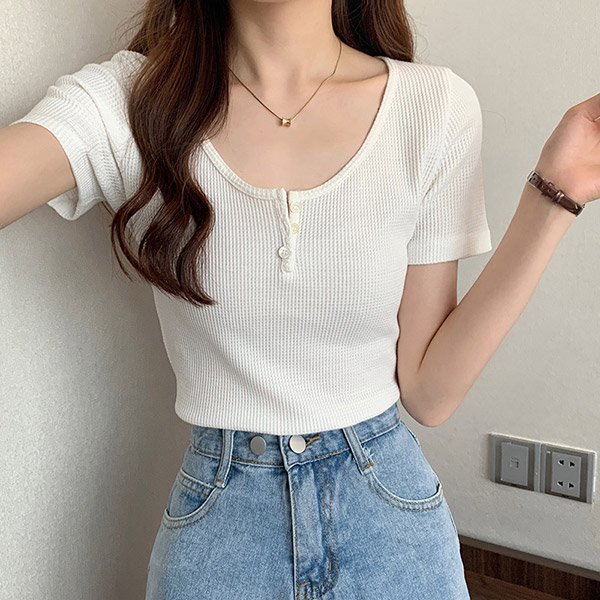 ts2615 버튼 장식 유넥 골지 티셔츠