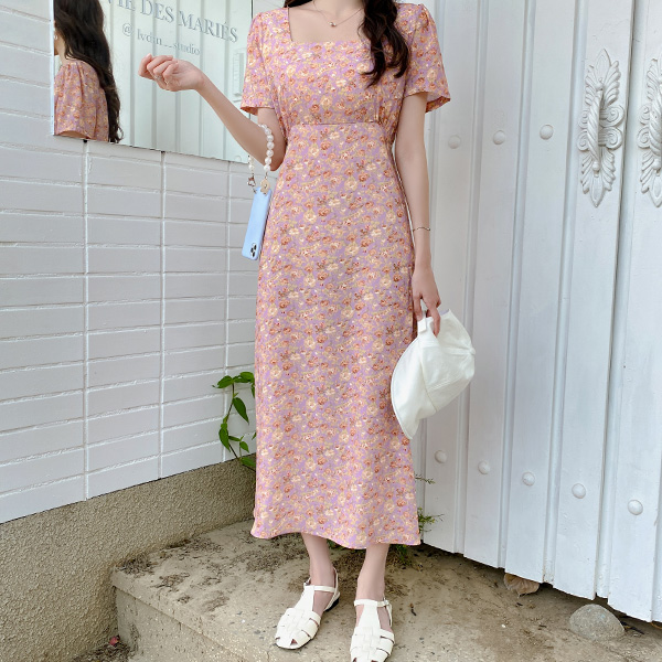 op12008 빈티지한 플라워 패턴의 플레어라인 스퀘어넥 롱 원피스 dress