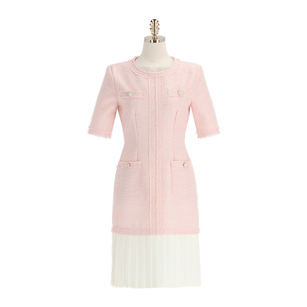 op12013 화사한 색감의 트위드로 제작된 플리츠 미디 원피스 dress