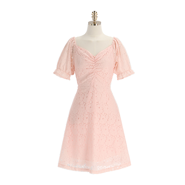 op12017 플라워 펀칭 레이스의 하트넥 플레어 라인 미디 원피스 dress