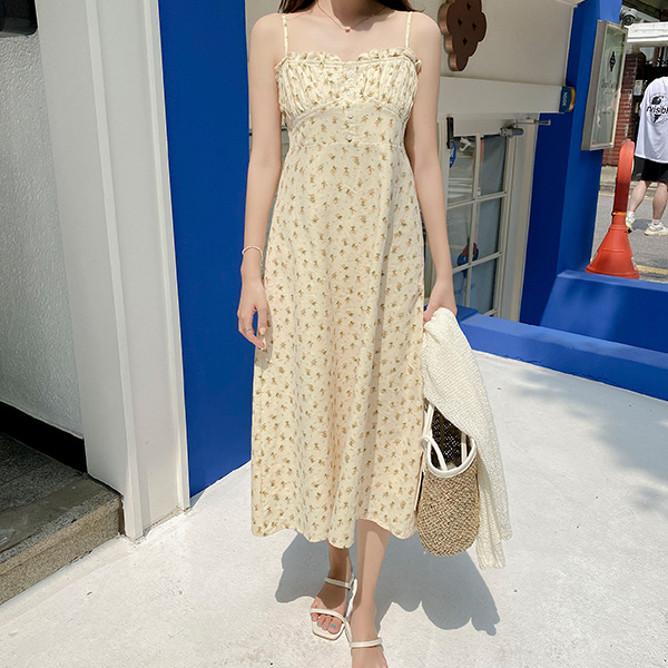 op12034 사랑스러운 잔꽃 패턴의 A라인 뷔스티에 롱 원피스 dress