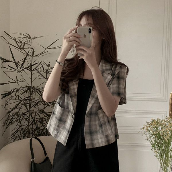 jk1643 웨하스 린넨 세미크롭 체크 반팔 자켓