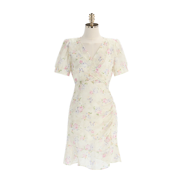 op12080 플라워 요루 쉬폰 소재의 언발 셔링 미디 랩 원피스 dress