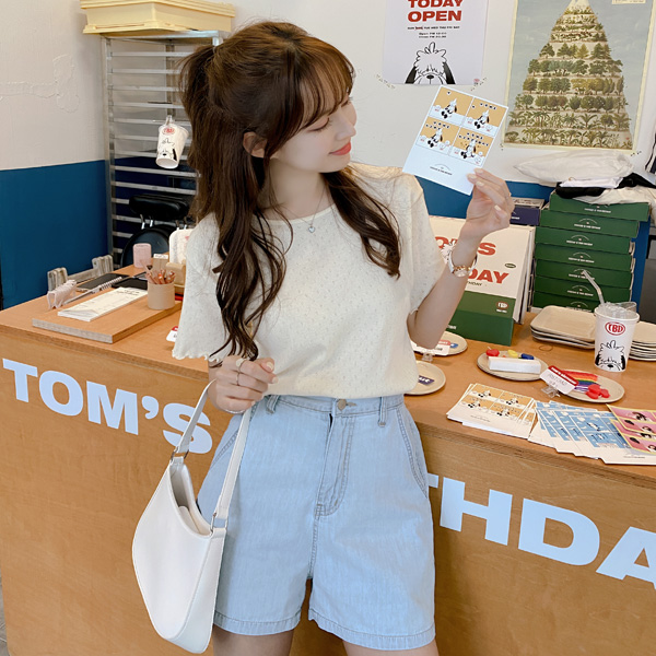 ts2638 사랑스러운 데이지꽃 펀칭 디자인의 러플 소매 반팔티 tee