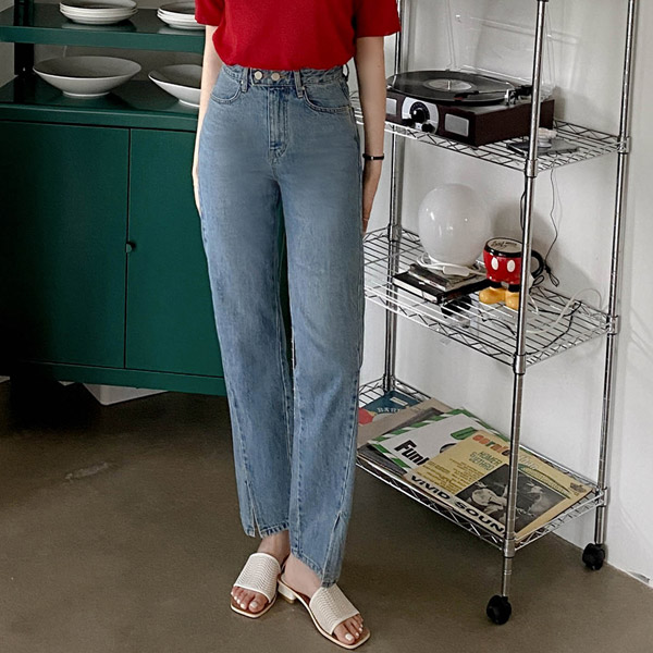 ps3007 유니크한 사선 절개 디테일의 옆슬릿 일자핏 데님 팬츠 pants