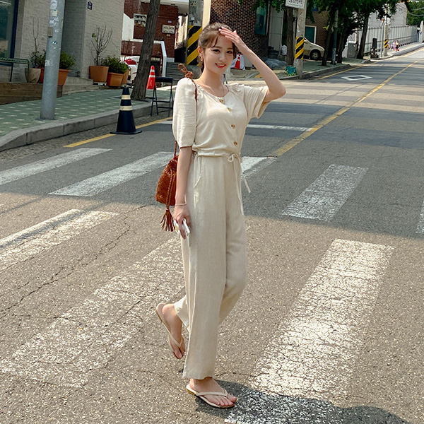 op12139 산뜻한 린넨 소재의 오프숄더로도 가능한 스퀘어넥 점프수트 jumpsuit