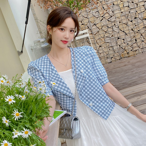 jk1650 페미닌한 무드의 깅엄체크 퍼프숄더 노카라 반팔 자켓 jacket