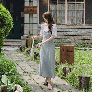 리엔 V넥 스트랩 썸머 뷔스티에 롱 원피스