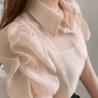스페셜한 샤인 시스루 소재로 완성된 퍼프 슬리브 반팔 블라우스 blouse