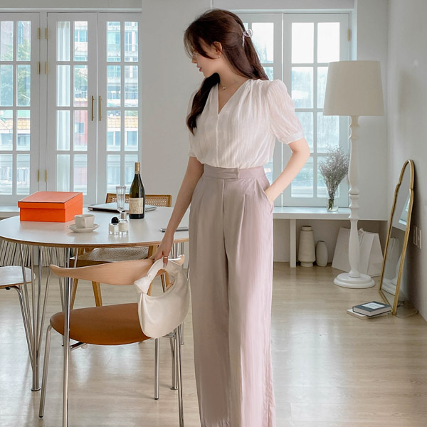 bs6268 가벼운 주름지 패브릭의 핀턱 V넥 반팔 블라우스 blouse