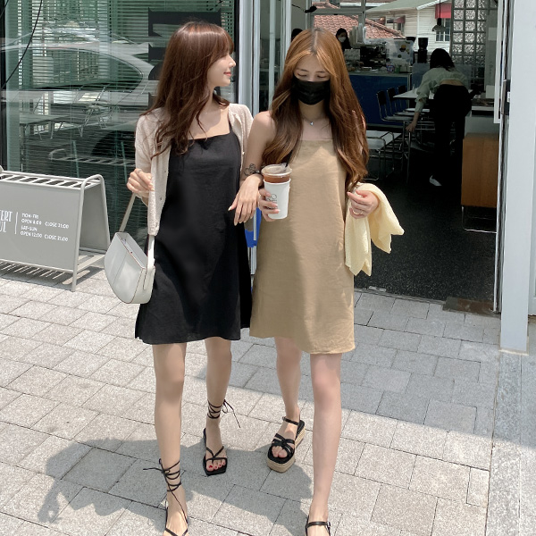 op12276 쾌적한 린넨 소재의 이너팬츠 안감 슬리브리스 미니 원피스 dress