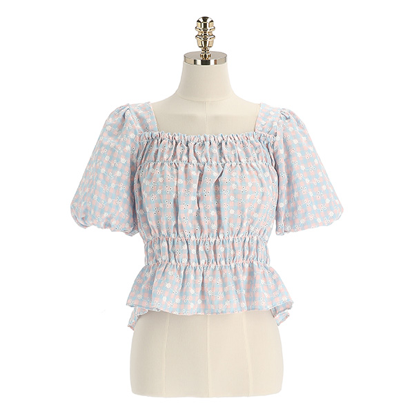 bs6298 러블리한 플라워자수 포인트의 체크패턴 크롭 블라우스 blouse