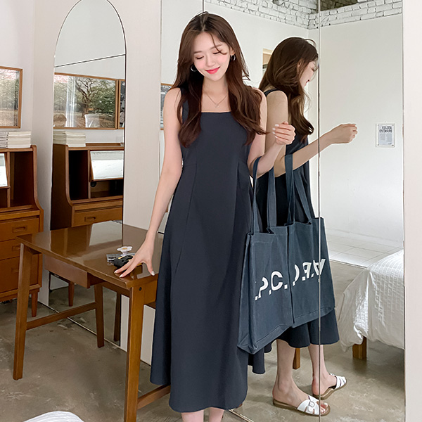 op12293 깔끔한 슬리브리스 뷔스티에 스퀘어넥 플레어라인 롱원피스 dress