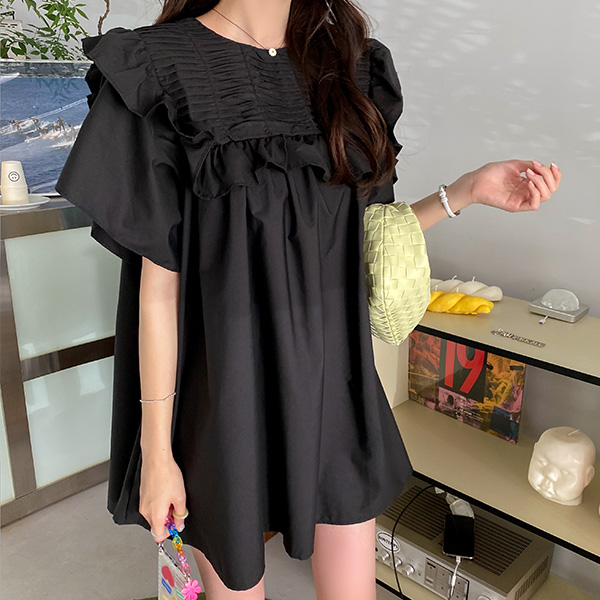 op12302 셔링과 프릴 디테일의 아방핏 세미 A라인 미니 원피스 dress