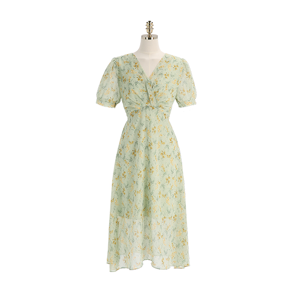 op12315 청순 무드 플라워패턴의 요루쉬폰 패브릭 브이넥 롱 원피스 dress