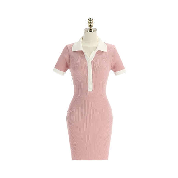 op12323 골지 짜임의 배색 카라 슬림핏 미니 니트 원피스 dress
