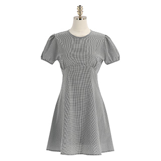 시원한 시어서커 리플 패브릭의 퍼프소매 체크 미니 여름 원피스 dress