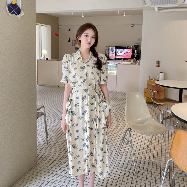 op12337 빈티지한 플라워패턴과 촉촉한 소재감의 빅포켓 스트랩 로브 롱원피스 dress