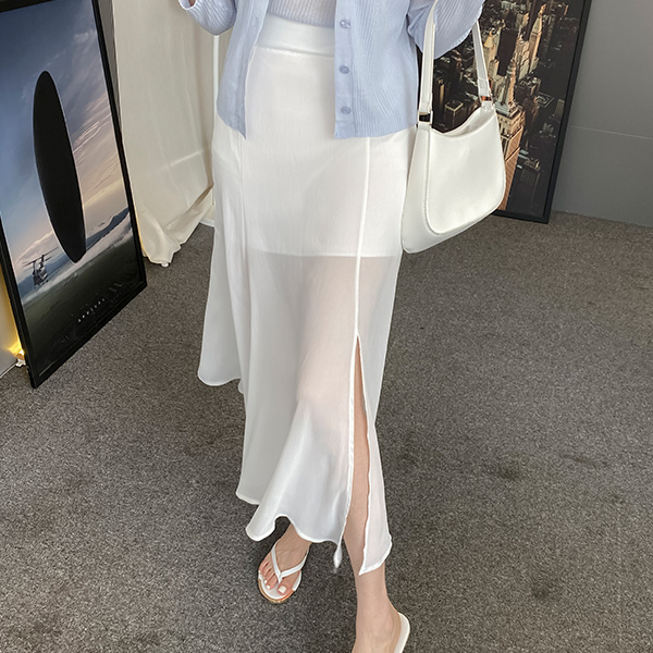 sk4958 과감한 슬릿디테일이 돋보이는 요루쉬폰 시스루 뒷밴딩 언발 롱스커트 skirt