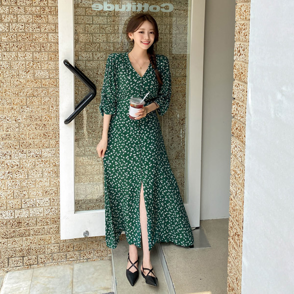 op12469 톤다운된 컬러감의 소매셔링디자인 뒷리본 플라워패턴 V넥 롱원피스 dress