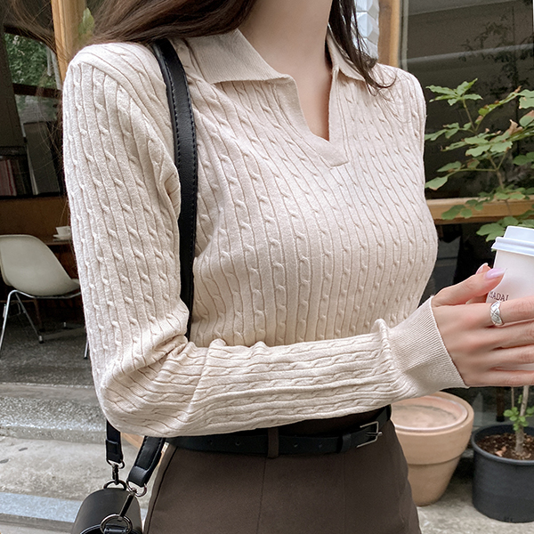 nt2900 여리핏 세로 꽈배기 짜임 오픈 카라넥 긴팔 니트 knit