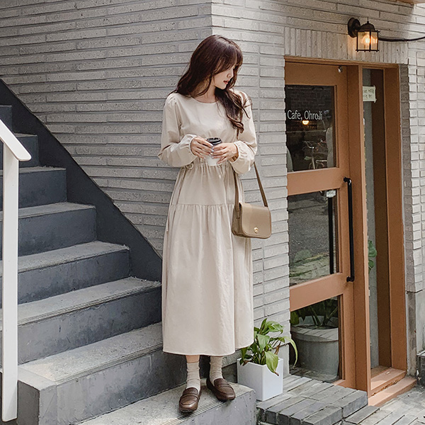 op12486 웨더 리본스트링 어텀 코튼 플레어 롱원피스