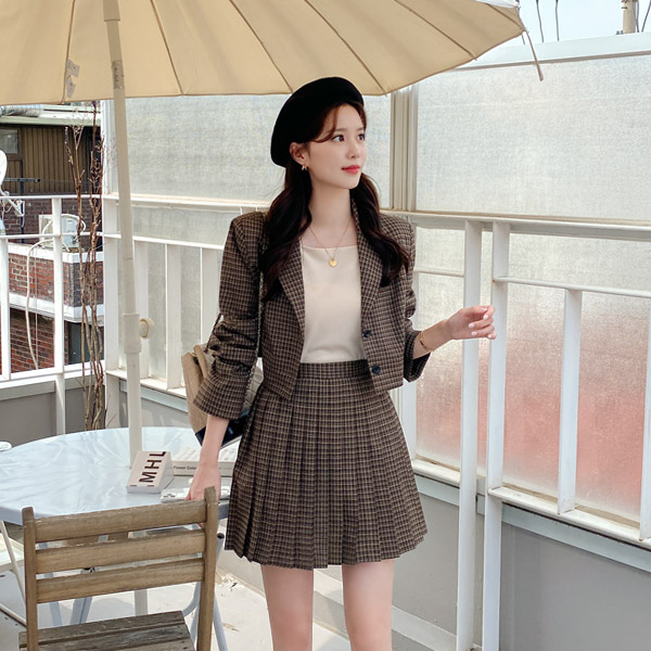jk1670 프레피스타일의 체크패턴 테일러드카라 크롭 자켓 jacket