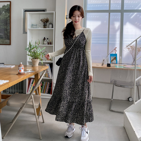 op12512 페미닌한 무드의 레오파드 패턴 랩 뷔스티에 플레어 롱원피스 dress
