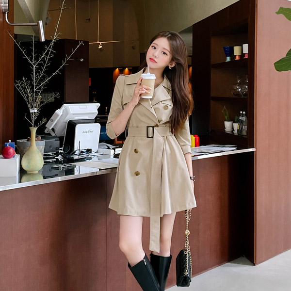 op12519 세련된 트렌치 디자인의 7부소매 벨트세트 A라인 미니원피스 dress
