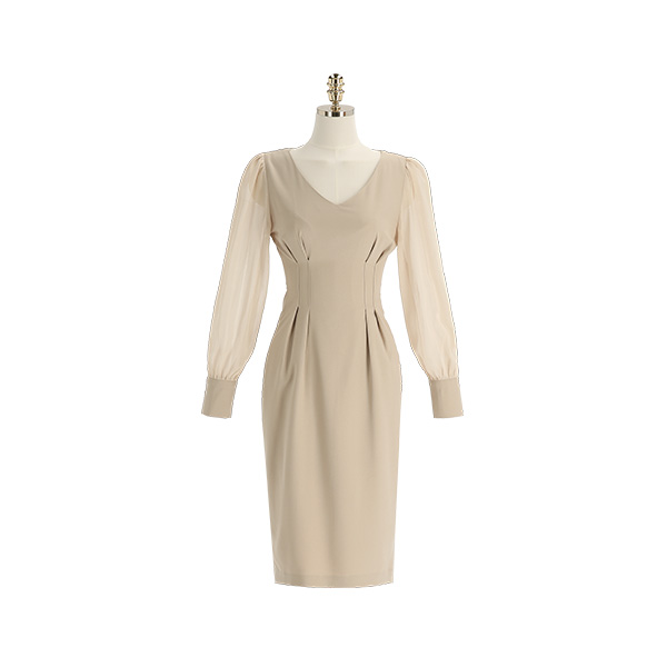 op12555 매혹적인 시스루 배색의 핀턱 장식 H라인 미디 원피스 dress