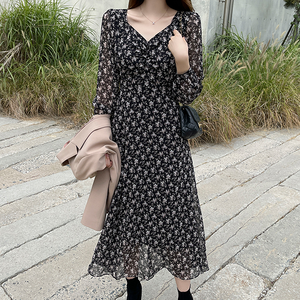 op12563 로린 플라워 하트넥 플레어 원피스