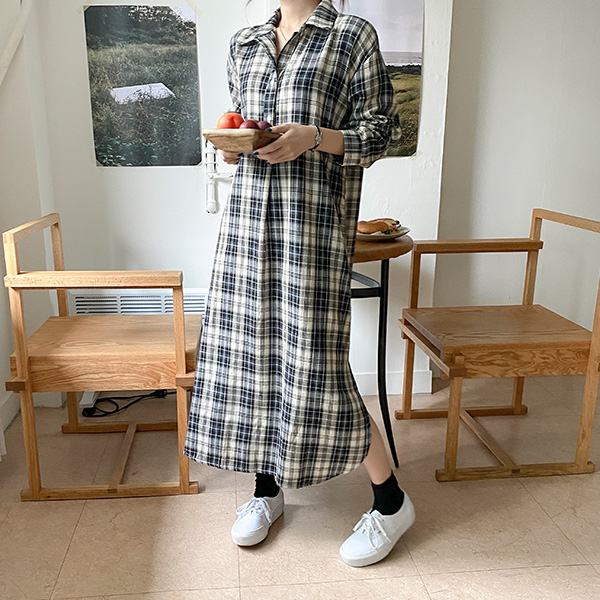 op12568 가을감성이 느껴지는 감각적인 체크 배색의 셔츠카라 롱 원피스 dress